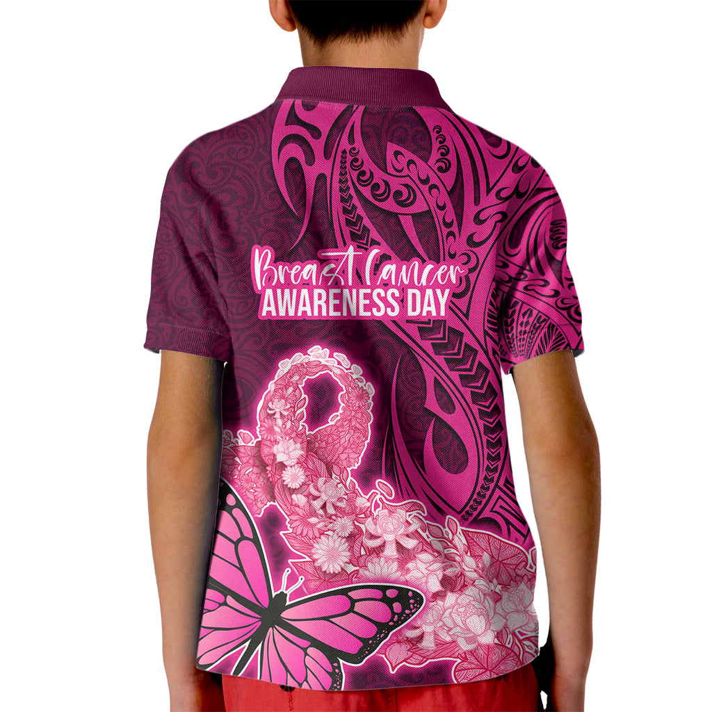 Polynesia Breast Cancer Kid Polo Shirt Butterfly and Flowers Ribbon Maori Tattoo Ethnic Pink Style LT03 - Polynesian Pride