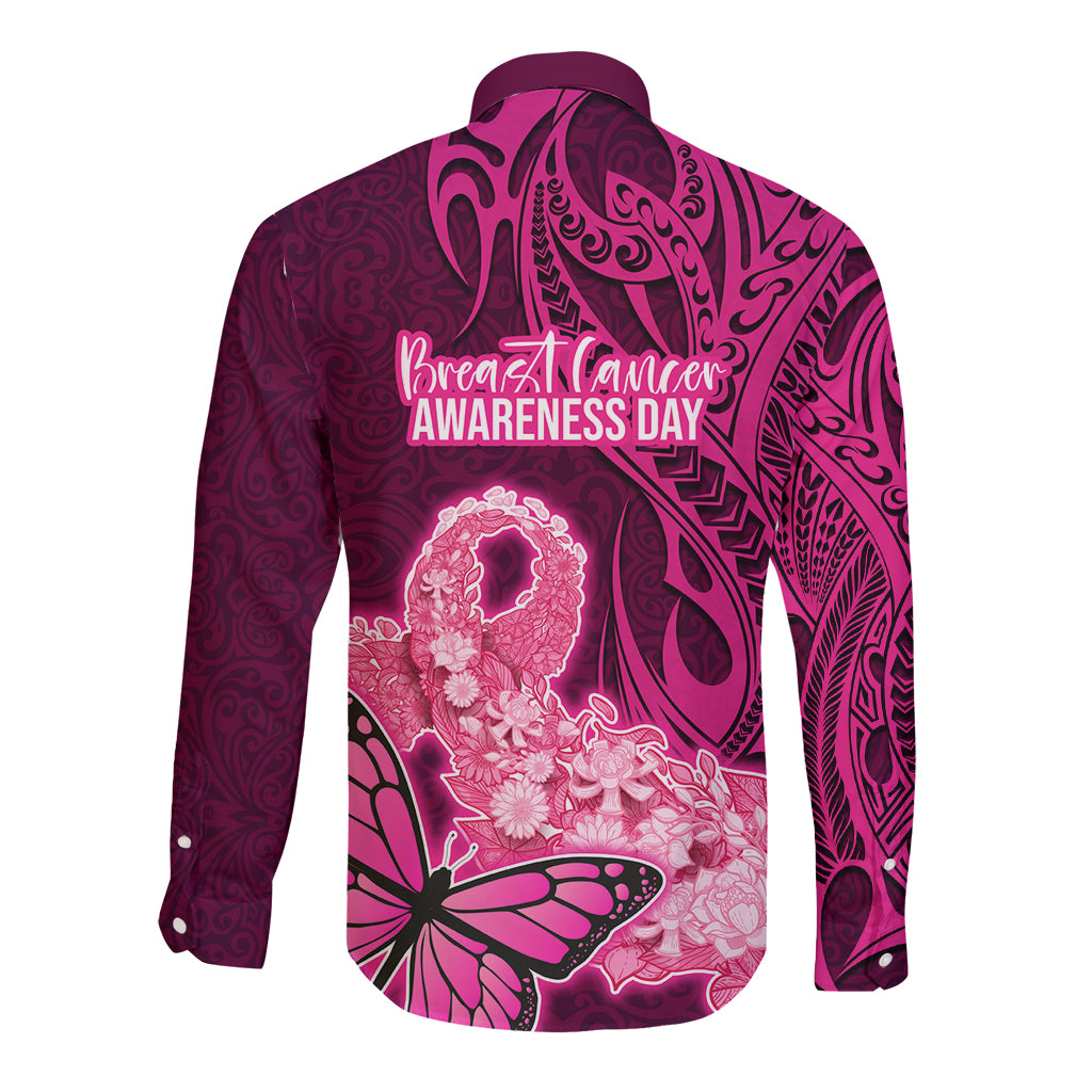 Polynesia Breast Cancer Long Sleeve Button Shirt Butterfly and Flowers Ribbon Maori Tattoo Ethnic Pink Style LT03 - Polynesian Pride