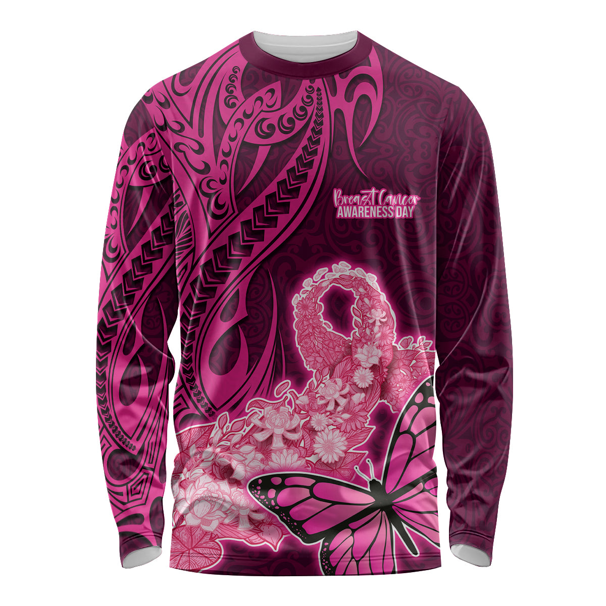 Polynesia Breast Cancer Long Sleeve Shirt Butterfly and Flowers Ribbon Maori Tattoo Ethnic Pink Style LT03 Unisex Pink - Polynesian Pride