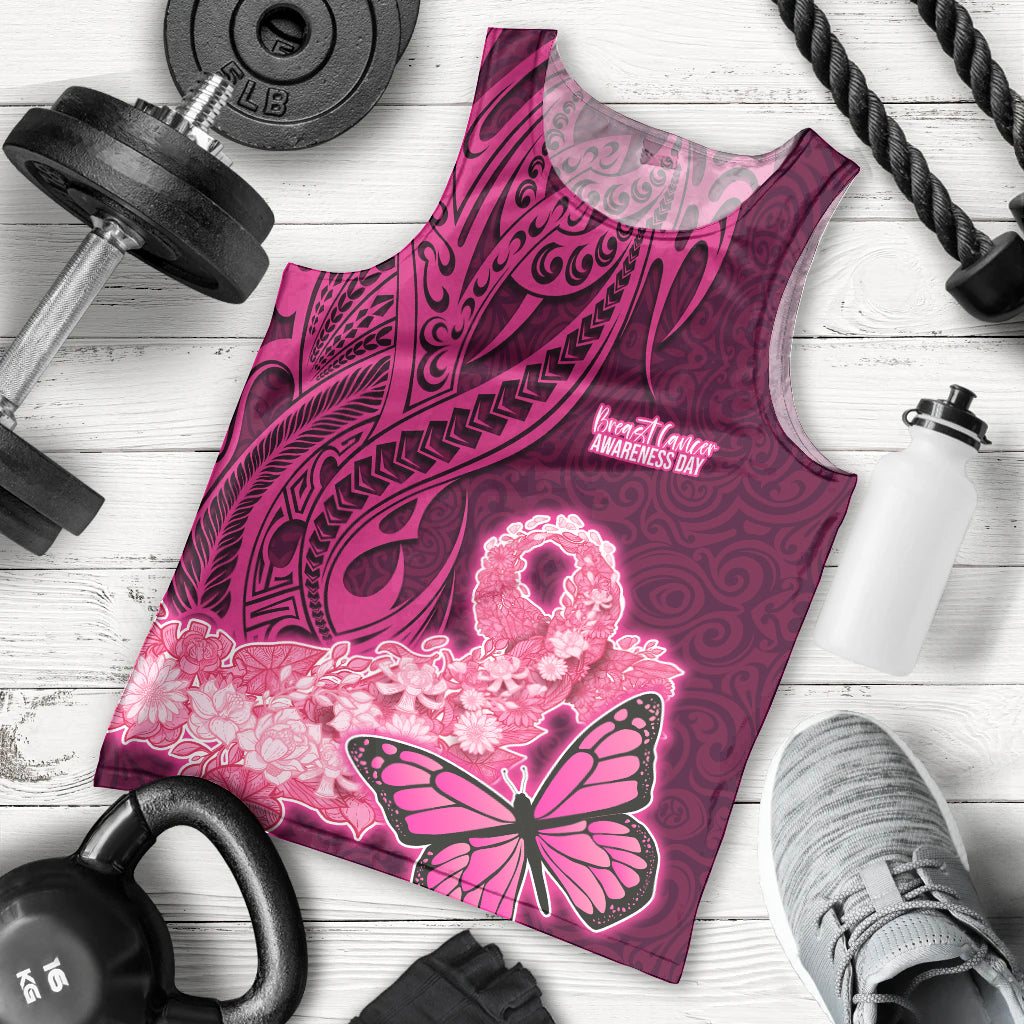 Polynesia Breast Cancer Men Tank Top Butterfly and Flowers Ribbon Maori Tattoo Ethnic Pink Style LT03 Pink - Polynesian Pride