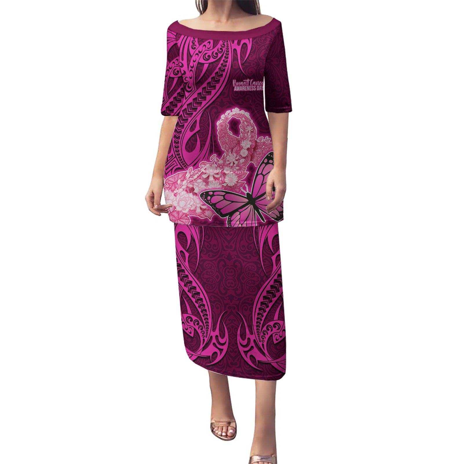 Polynesia Breast Cancer Puletasi Butterfly and Flowers Ribbon Maori Tattoo Ethnic Pink Style LT03 Long Dress Pink - Polynesian Pride