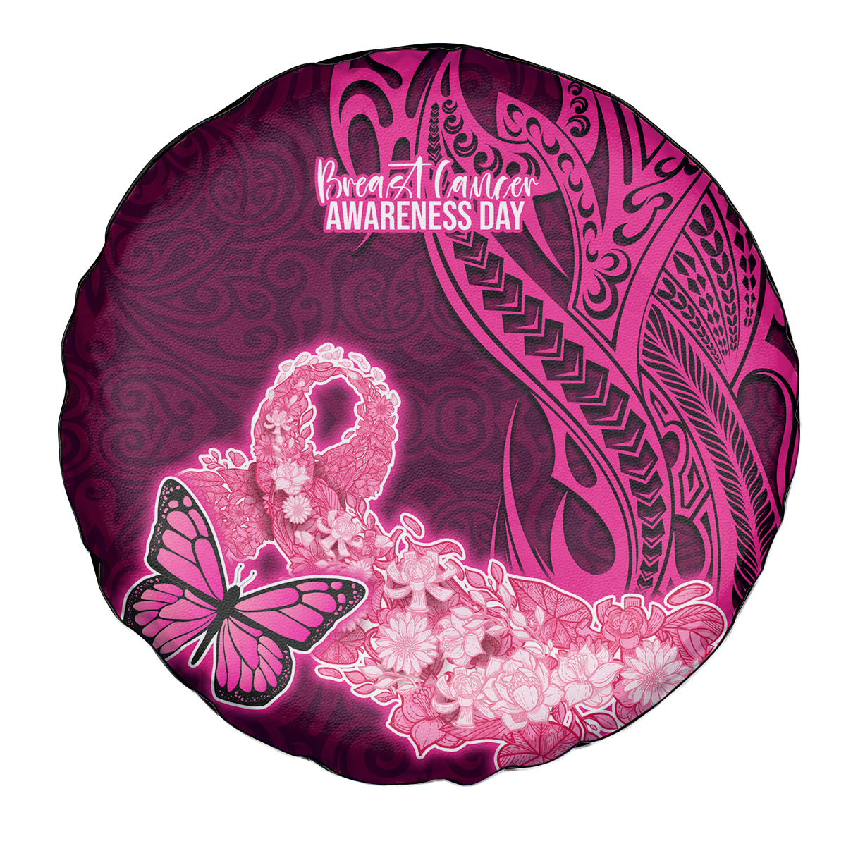 Polynesia Breast Cancer Spare Tire Cover Butterfly and Flowers Ribbon Maori Tattoo Ethnic Pink Style LT03 Pink - Polynesian Pride