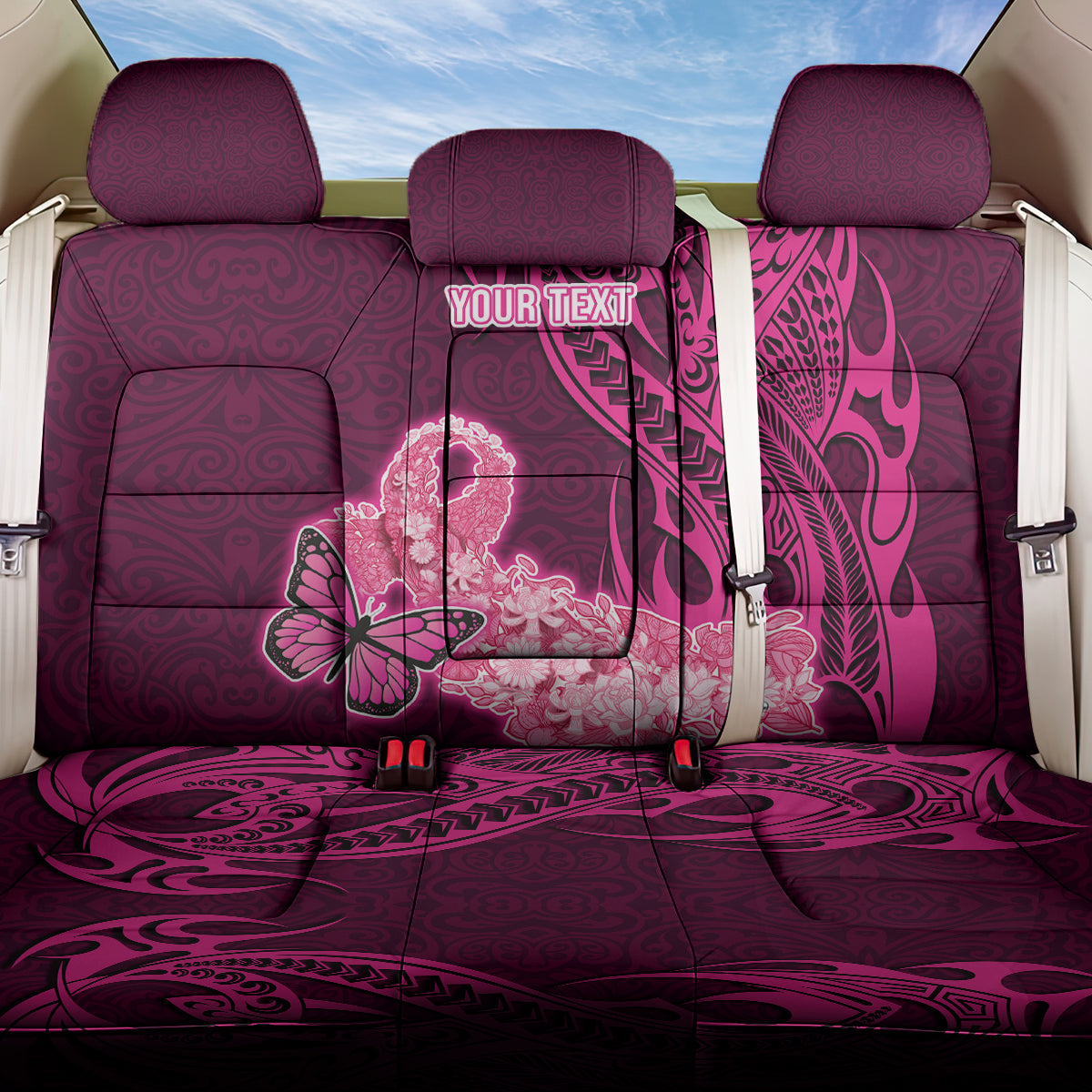 Custom Polynesia Breast Cancer Back Car Seat Cover Butterfly and Flowers Ribbon Maori Tattoo Ethnic Pink Style