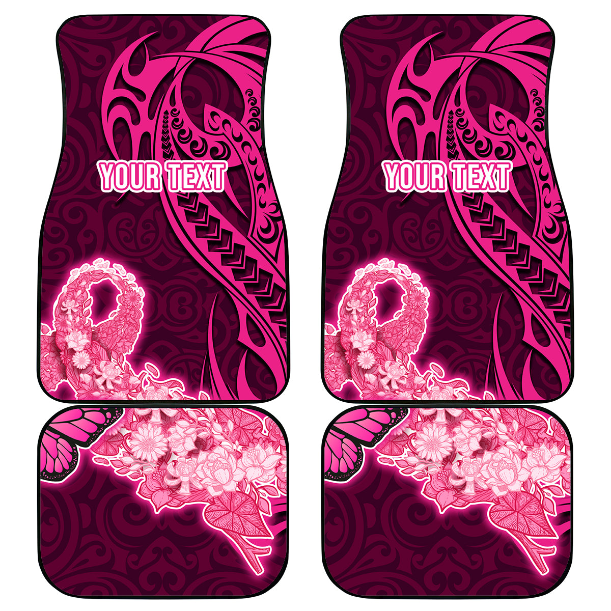 Custom Polynesia Breast Cancer Car Mats Butterfly and Flowers Ribbon Maori Tattoo Ethnic Pink Style LT03 Pink - Polynesian Pride