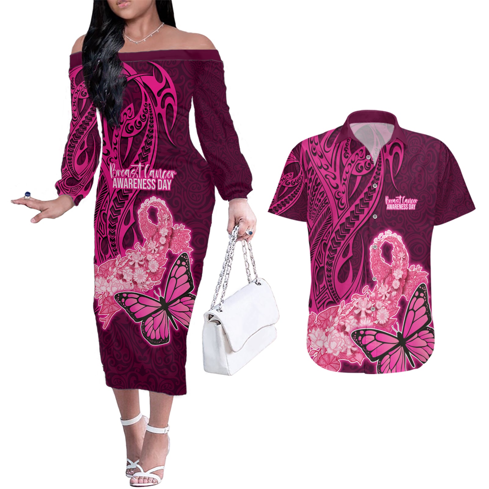 Custom Polynesia Breast Cancer Couples Matching Off The Shoulder Long Sleeve Dress and Hawaiian Shirt Butterfly and Flowers Ribbon Maori Tattoo Ethnic Pink Style LT03 Pink - Polynesian Pride