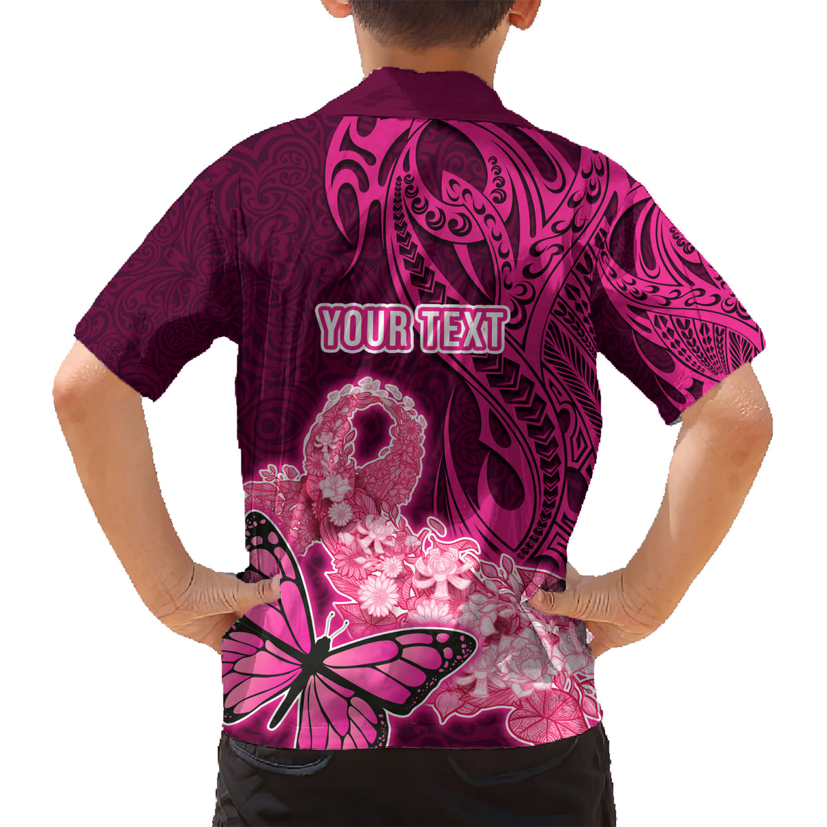 Custom Polynesia Breast Cancer Family Matching Short Sleeve Bodycon Dress and Hawaiian Shirt Butterfly and Flowers Ribbon Maori Tattoo Ethnic Pink Style LT03 - Polynesian Pride