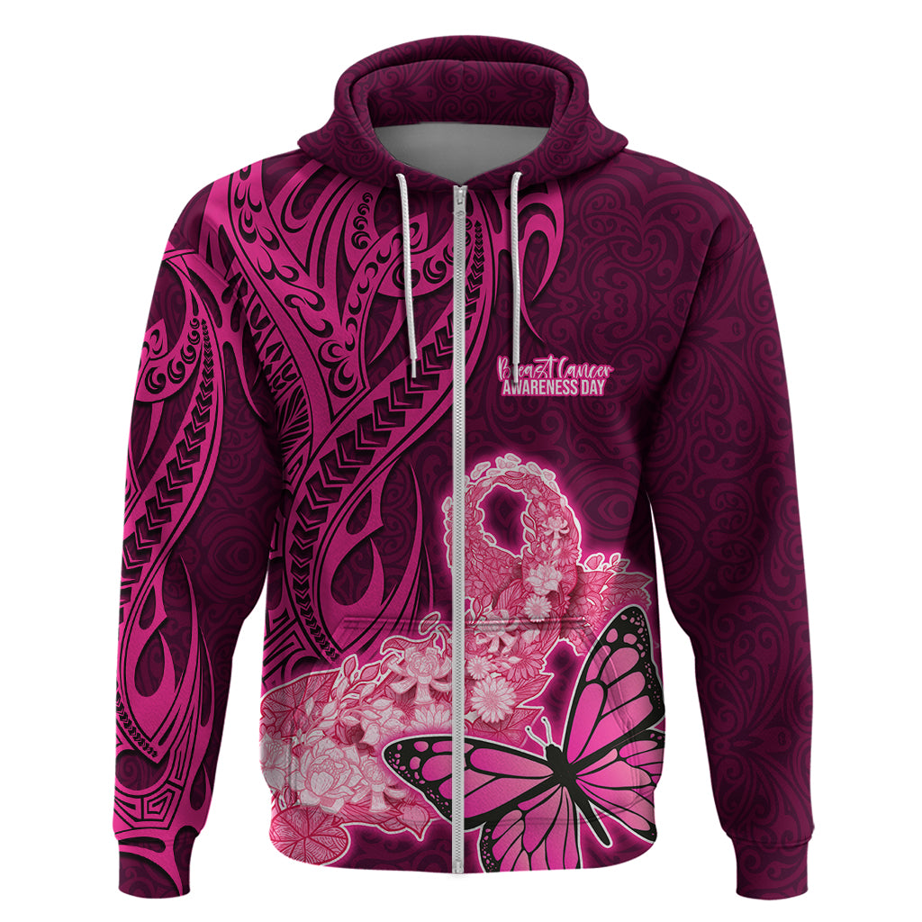 Custom Polynesia Breast Cancer Hoodie Butterfly and Flowers Ribbon Maori Tattoo Ethnic Pink Style LT03 Zip Hoodie Pink - Polynesian Pride