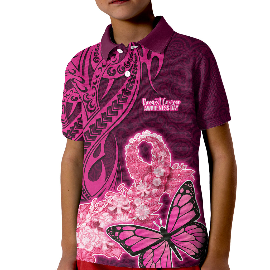 Custom Polynesia Breast Cancer Kid Polo Shirt Butterfly and Flowers Ribbon Maori Tattoo Ethnic Pink Style LT03 Kid Pink - Polynesian Pride