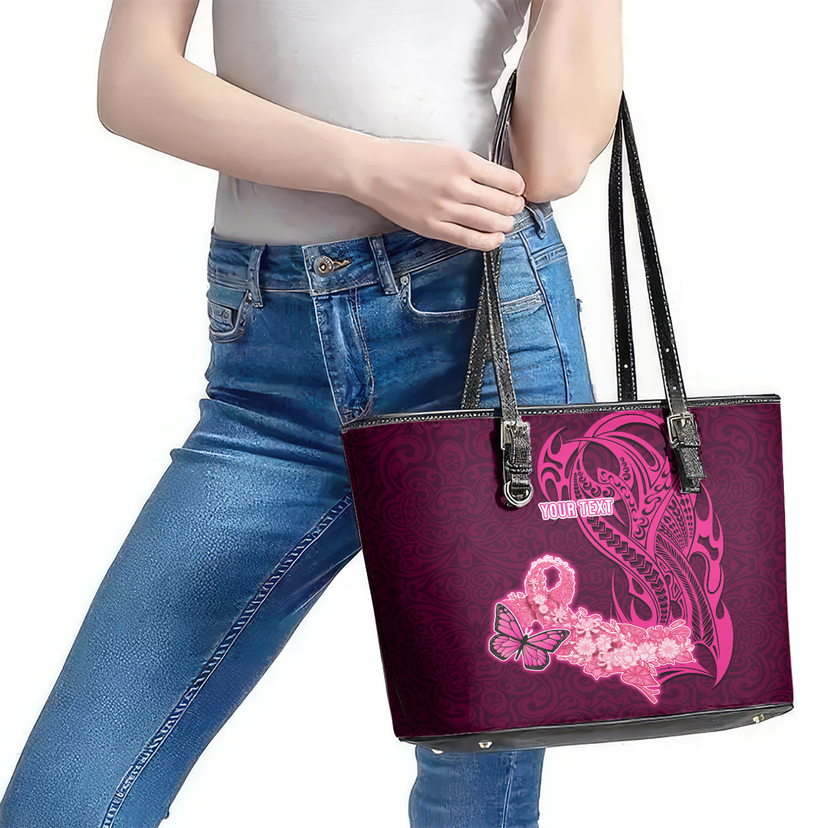 Custom Polynesia Breast Cancer Leather Tote Bag Butterfly and Flowers Ribbon Maori Tattoo Ethnic Pink Style LT03 - Polynesian Pride