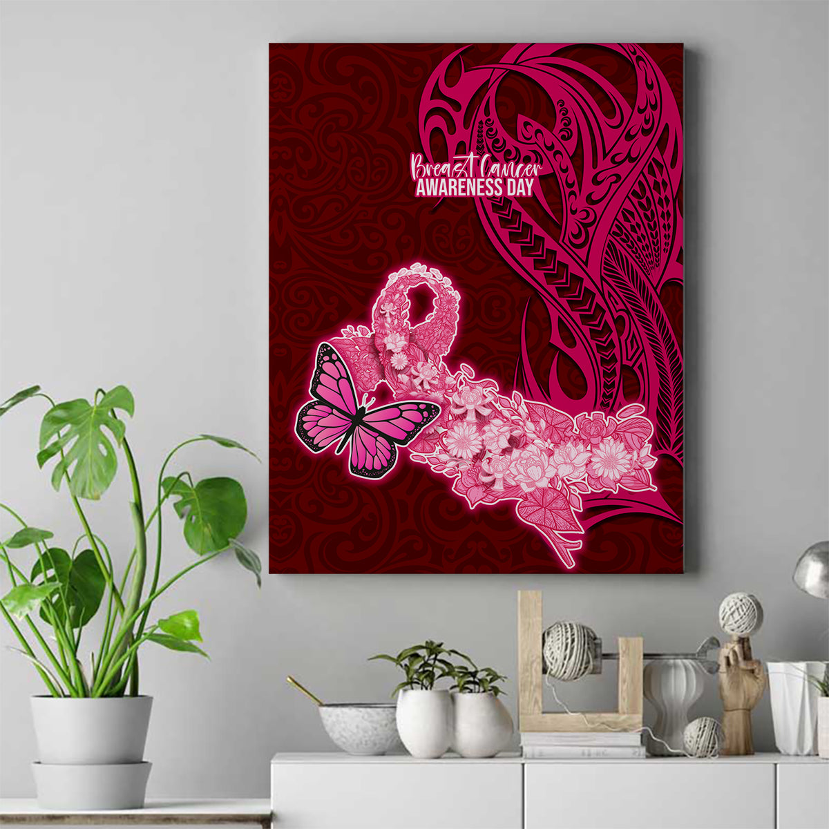 Polynesia Breast Cancer Canvas Wall Art Butterfly and Flowers Ribbon Maori Tattoo Ethnic Red Style LT03 Red - Polynesian Pride