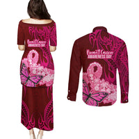 Polynesia Breast Cancer Couples Matching Puletasi Dress and Long Sleeve Button Shirts Butterfly and Flowers Ribbon Maori Tattoo Ethnic Red Style LT03 - Polynesian Pride