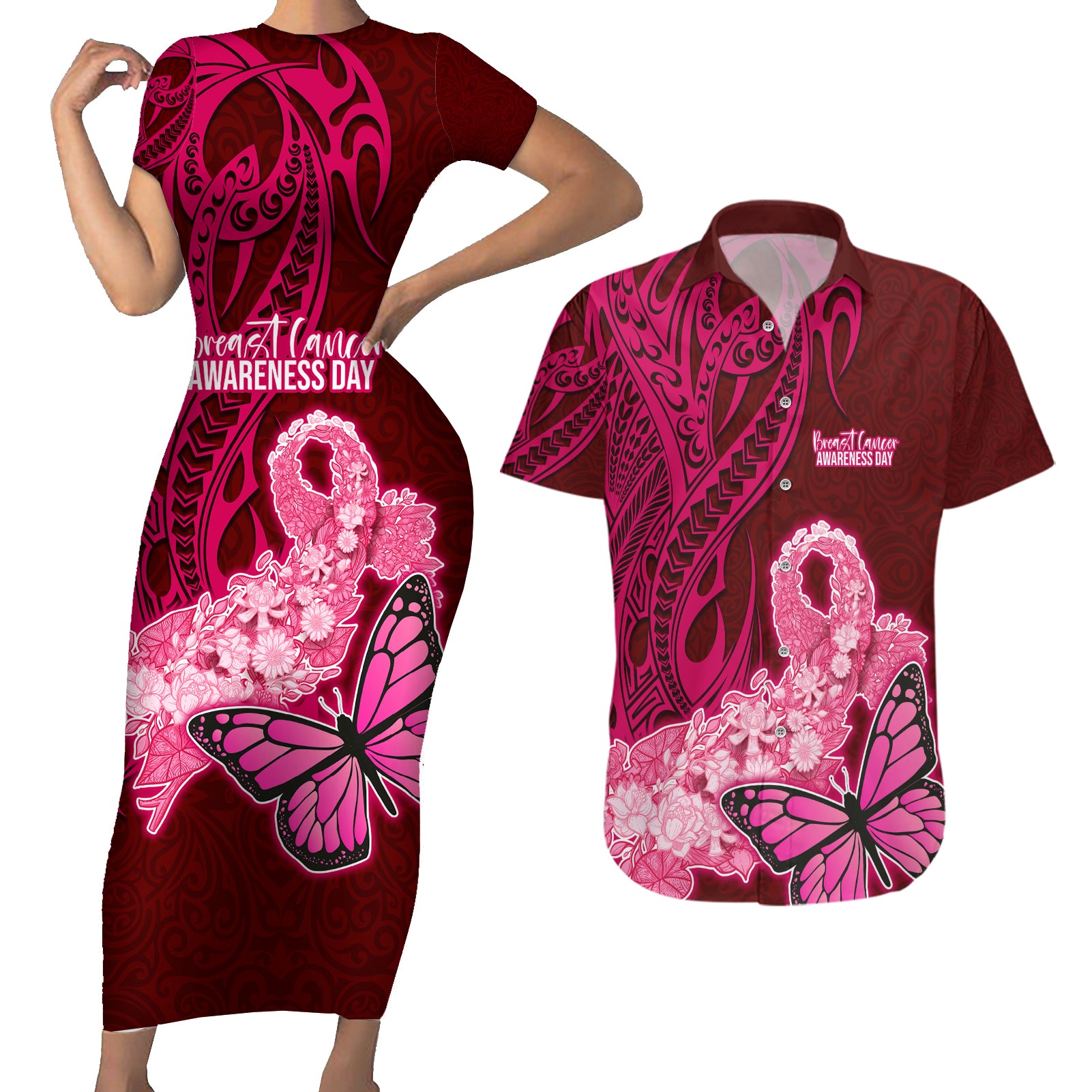 Polynesia Breast Cancer Couples Matching Short Sleeve Bodycon Dress and Hawaiian Shirt Butterfly and Flowers Ribbon Maori Tattoo Ethnic Red Style LT03 Red - Polynesian Pride