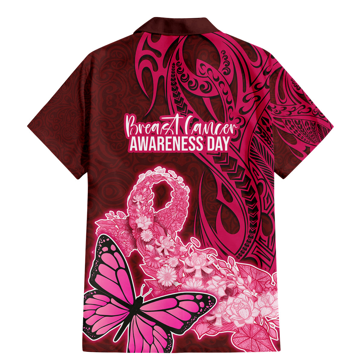 Polynesia Breast Cancer Family Matching Mermaid Dress and Hawaiian Shirt Butterfly and Flowers Ribbon Maori Tattoo Ethnic Red Style LT03 - Polynesian Pride