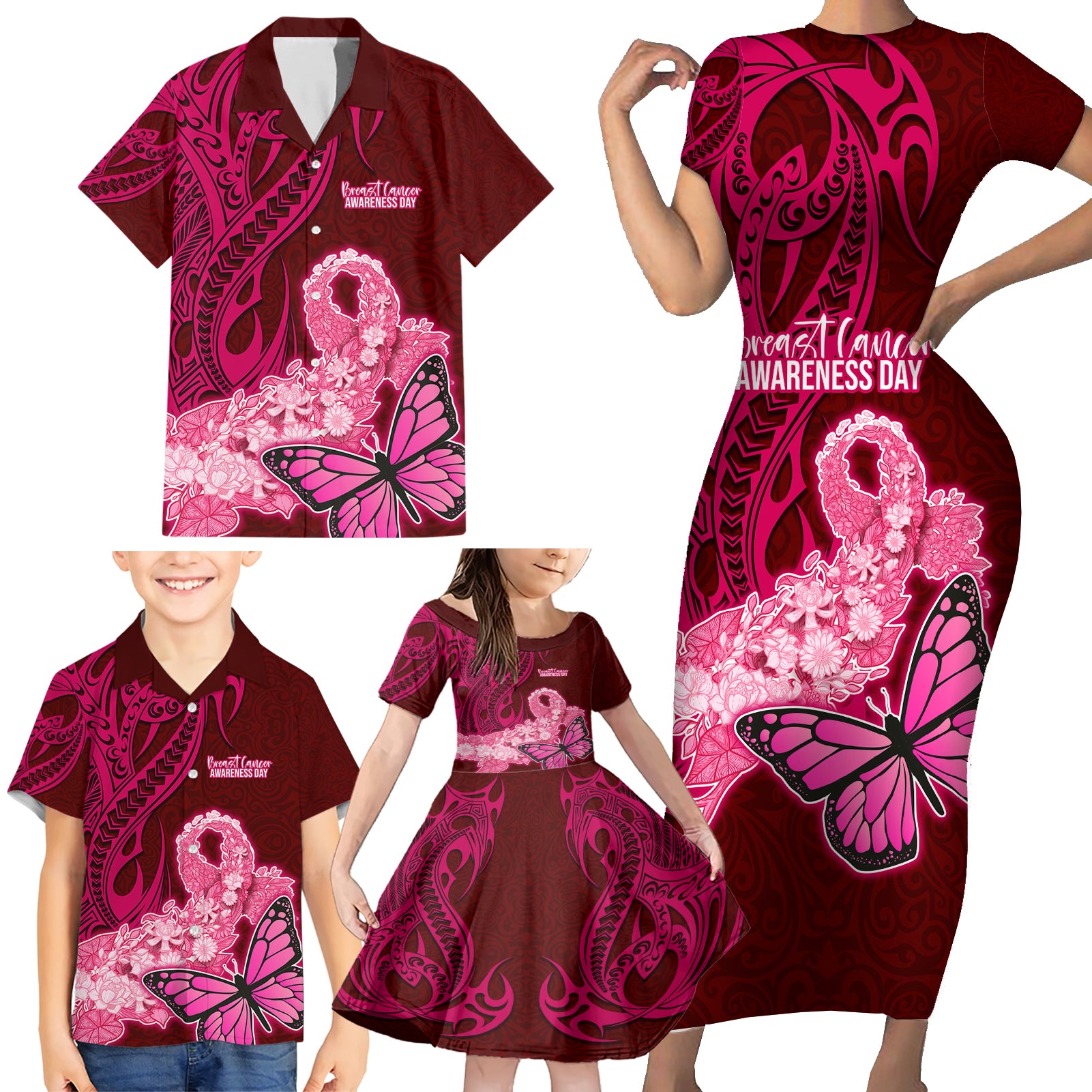 Polynesia Breast Cancer Family Matching Short Sleeve Bodycon Dress and Hawaiian Shirt Butterfly and Flowers Ribbon Maori Tattoo Ethnic Red Style LT03 - Polynesian Pride