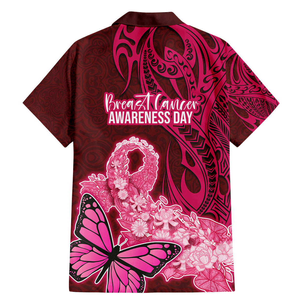 Polynesia Breast Cancer Family Matching Summer Maxi Dress and Hawaiian Shirt Butterfly and Flowers Ribbon Maori Tattoo Ethnic Red Style LT03 - Polynesian Pride