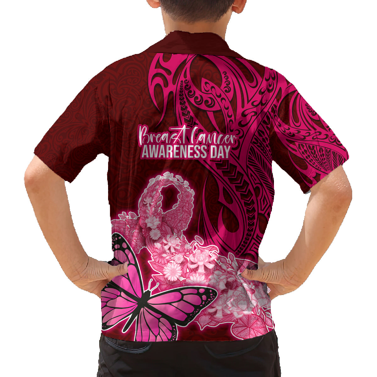 Polynesia Breast Cancer Family Matching Tank Maxi Dress and Hawaiian Shirt Butterfly and Flowers Ribbon Maori Tattoo Ethnic Red Style LT03 - Polynesian Pride