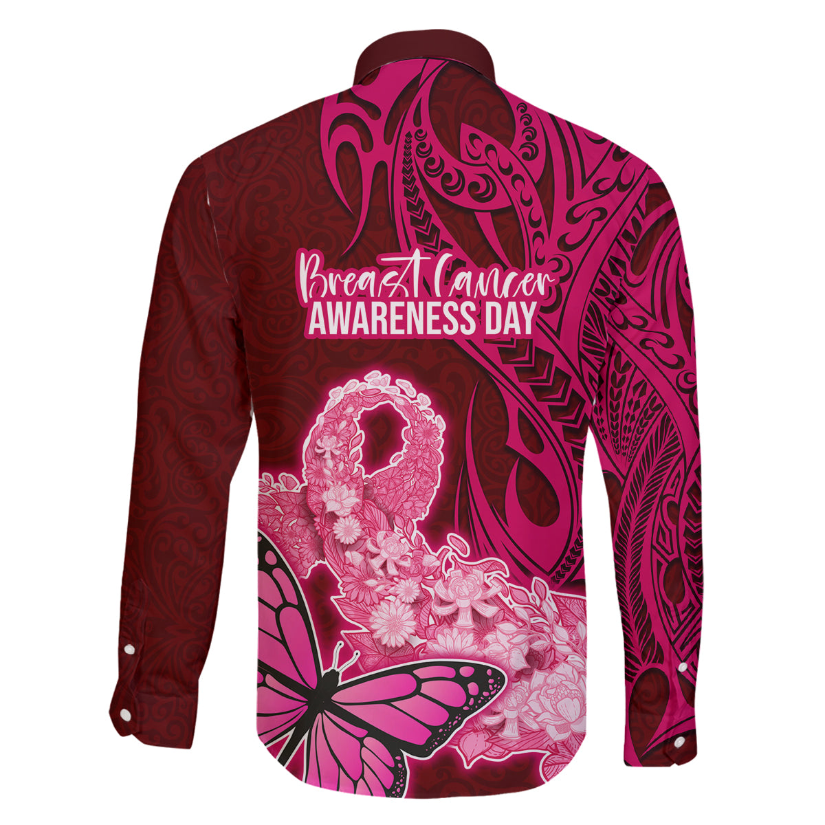 Polynesia Breast Cancer Family Matching Tank Maxi Dress and Hawaiian Shirt Butterfly and Flowers Ribbon Maori Tattoo Ethnic Red Style LT03 - Polynesian Pride