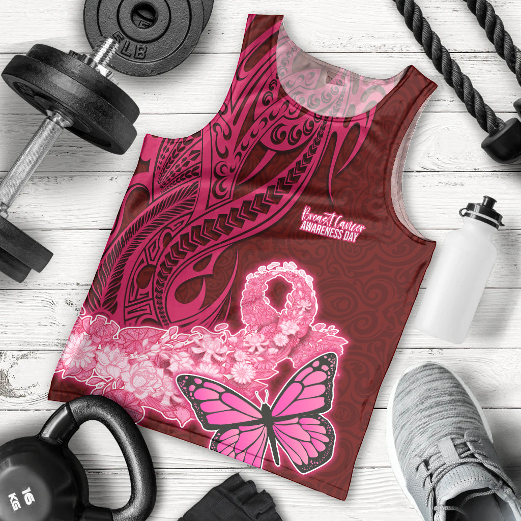 Polynesia Breast Cancer Men Tank Top Butterfly and Flowers Ribbon Maori Tattoo Ethnic Red Style LT03 Red - Polynesian Pride