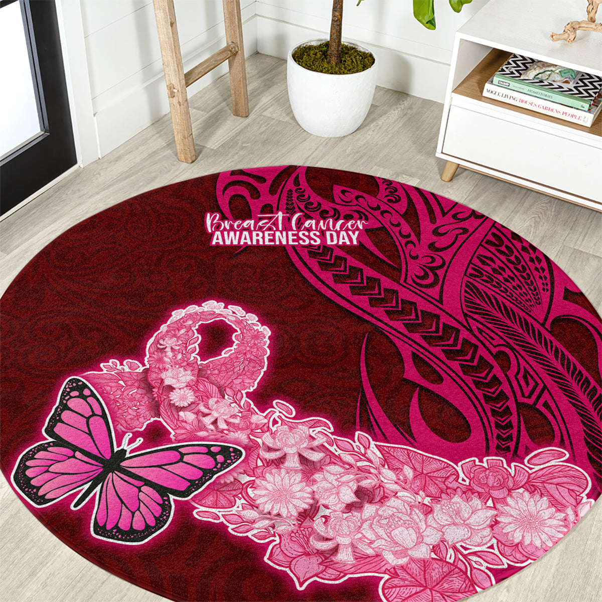 Polynesia Breast Cancer Round Carpet Butterfly and Flowers Ribbon Maori Tattoo Ethnic Red Style LT03 Red - Polynesian Pride