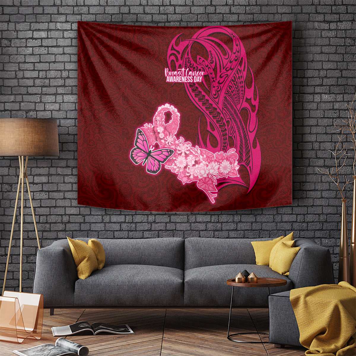 Polynesia Breast Cancer Tapestry Butterfly and Flowers Ribbon Maori Tattoo Ethnic Red Style LT03 Red - Polynesian Pride