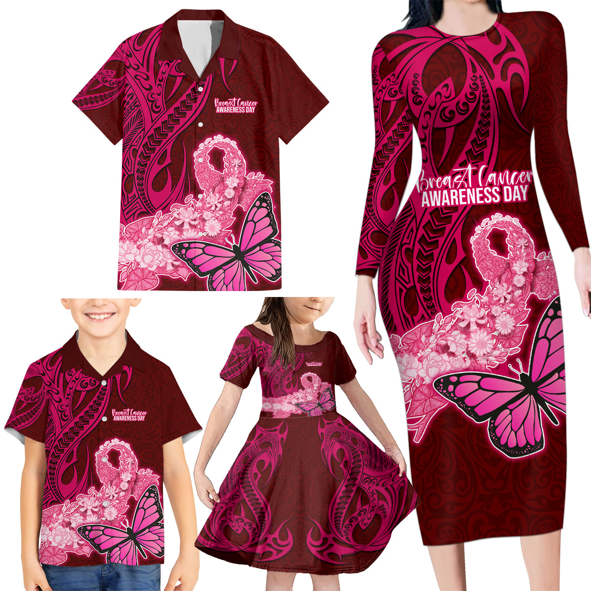 Custom Polynesia Breast Cancer Family Matching Long Sleeve Bodycon Dress and Hawaiian Shirt Butterfly and Flowers Ribbon Maori Tattoo Ethnic Red Style LT03 - Polynesian Pride