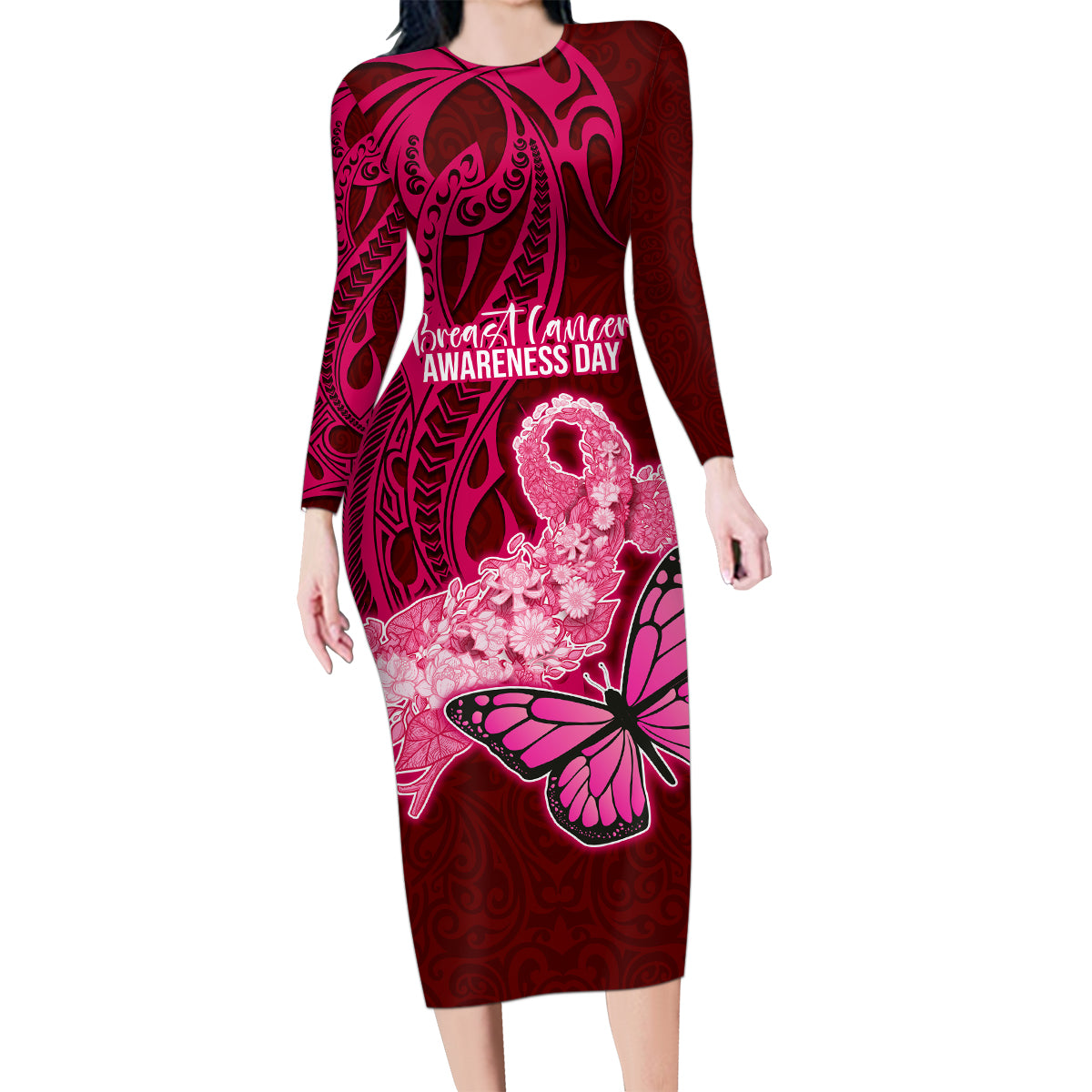Custom Polynesia Breast Cancer Family Matching Long Sleeve Bodycon Dress and Hawaiian Shirt Butterfly and Flowers Ribbon Maori Tattoo Ethnic Red Style LT03 Mom's Dress Red - Polynesian Pride
