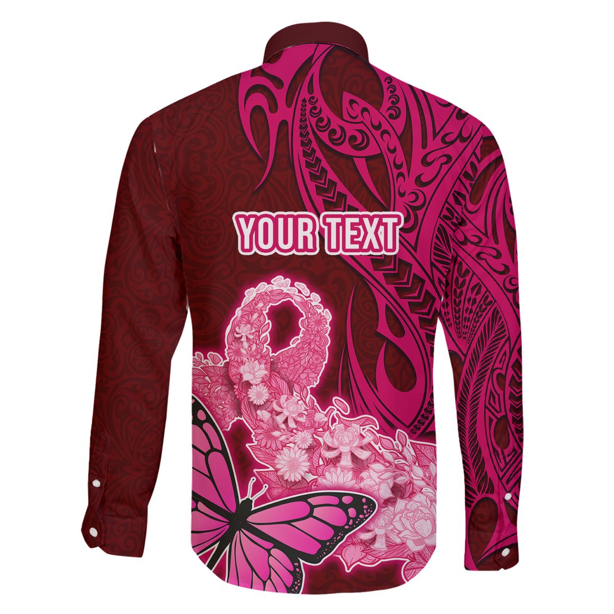 Custom Polynesia Breast Cancer Family Matching Off Shoulder Long Sleeve Dress and Hawaiian Shirt Butterfly and Flowers Ribbon Maori Tattoo Ethnic Red Style LT03 - Polynesian Pride