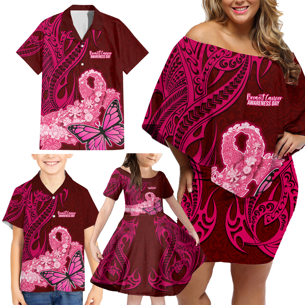 Custom Polynesia Breast Cancer Family Matching Off Shoulder Short Dress and Hawaiian Shirt Butterfly and Flowers Ribbon Maori Tattoo Ethnic Red Style LT03 - Polynesian Pride