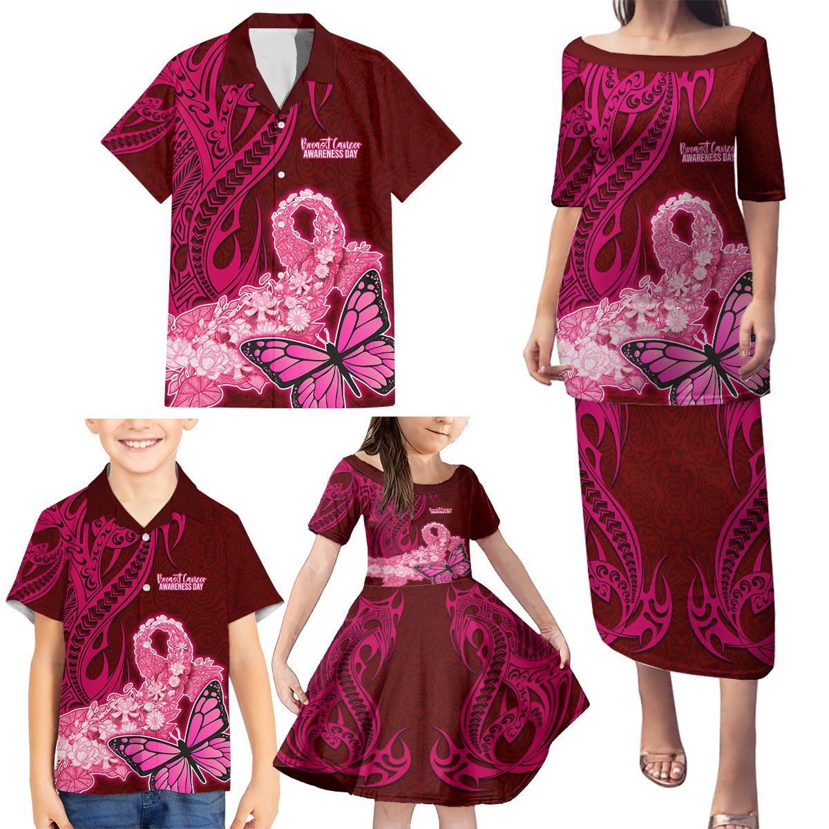 Custom Polynesia Breast Cancer Family Matching Puletasi Dress and Hawaiian Shirt Butterfly and Flowers Ribbon Maori Tattoo Ethnic Red Style LT03 - Polynesian Pride