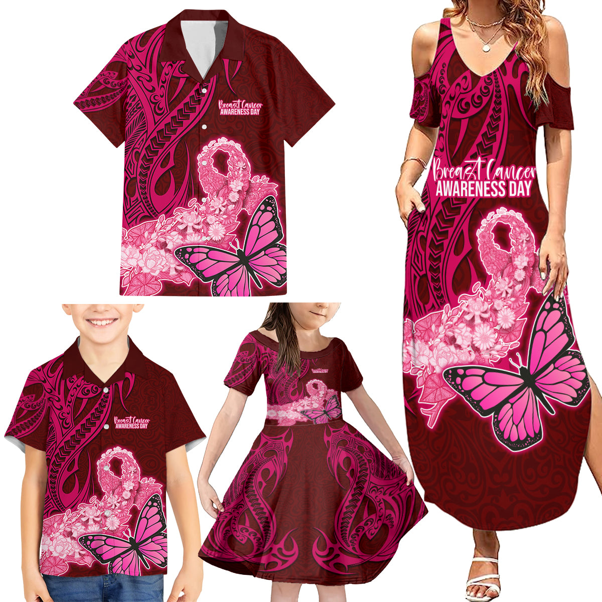 Custom Polynesia Breast Cancer Family Matching Summer Maxi Dress and Hawaiian Shirt Butterfly and Flowers Ribbon Maori Tattoo Ethnic Red Style LT03 - Polynesian Pride