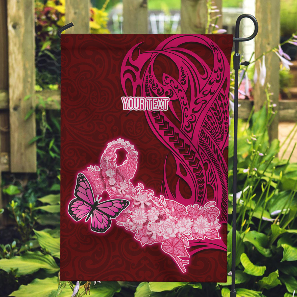 Custom Polynesia Breast Cancer Garden Flag Butterfly and Flowers Ribbon Maori Tattoo Ethnic Red Style LT03 Garden Flag Red - Polynesian Pride