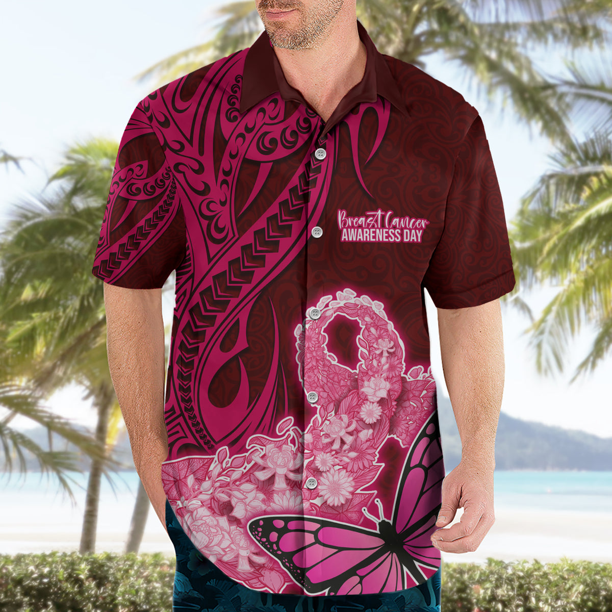 Custom Polynesia Breast Cancer Hawaiian Shirt Butterfly and Flowers Ribbon Maori Tattoo Ethnic Red Style LT03 - Polynesian Pride