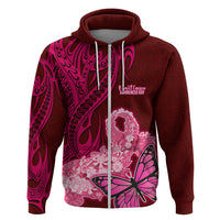 Custom Polynesia Breast Cancer Hoodie Butterfly and Flowers Ribbon Maori Tattoo Ethnic Red Style LT03 Zip Hoodie Red - Polynesian Pride