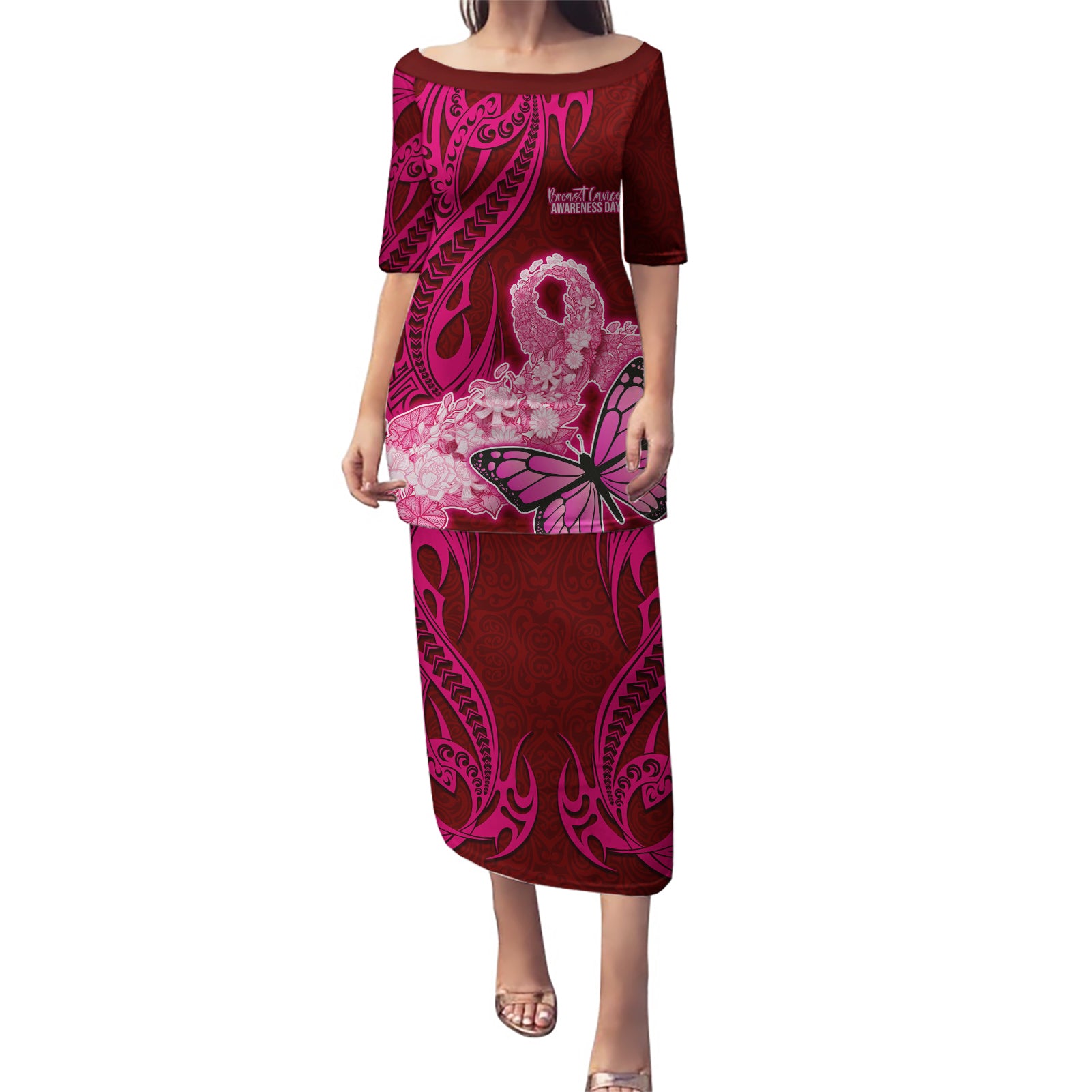 Custom Polynesia Breast Cancer Puletasi Butterfly and Flowers Ribbon Maori Tattoo Ethnic Red Style LT03 Long Dress Red - Polynesian Pride