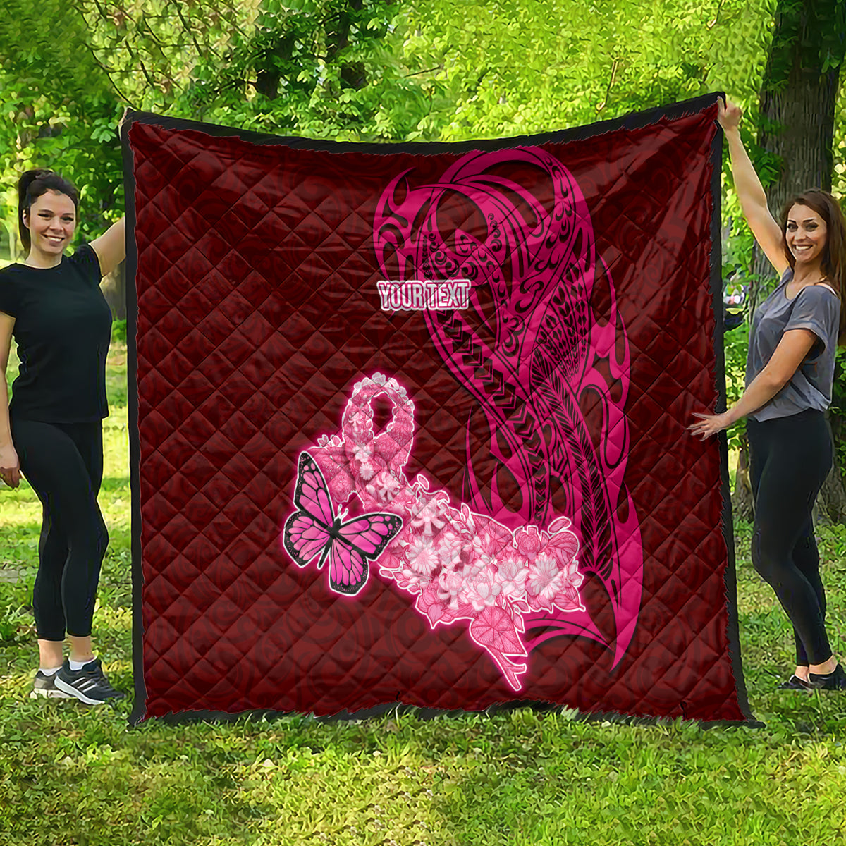 Custom Polynesia Breast Cancer Quilt Butterfly and Flowers Ribbon Maori Tattoo Ethnic Red Style LT03 - Polynesian Pride