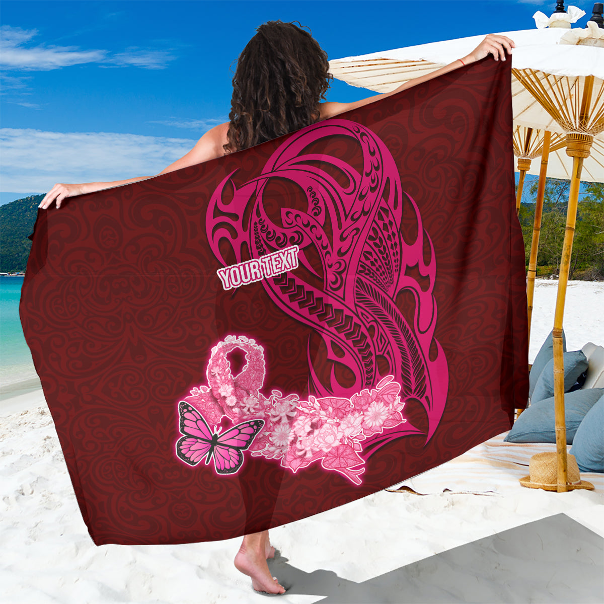 Custom Polynesia Breast Cancer Sarong Butterfly and Flowers Ribbon Maori Tattoo Ethnic Red Style LT03 One Size 44 x 66 inches Red - Polynesian Pride