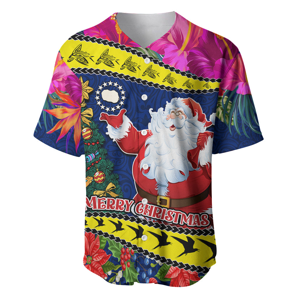 Cook Island Christmas Baseball Jersey Santa Claus Mix Maroro and Kakaia Hibiscus Flower Maori Pattern LT03 Blue - Polynesian Pride