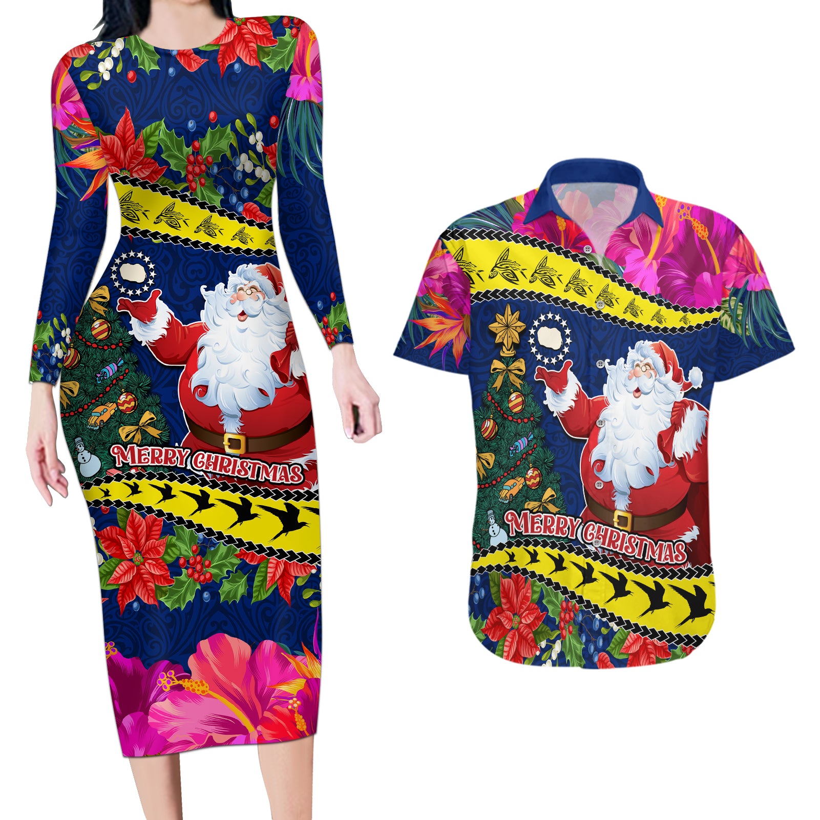 Cook Island Christmas Couples Matching Long Sleeve Bodycon Dress and Hawaiian Shirt Santa Claus Mix Maroro and Kakaia Hibiscus Flower Maori Pattern LT03 Blue - Polynesian Pride