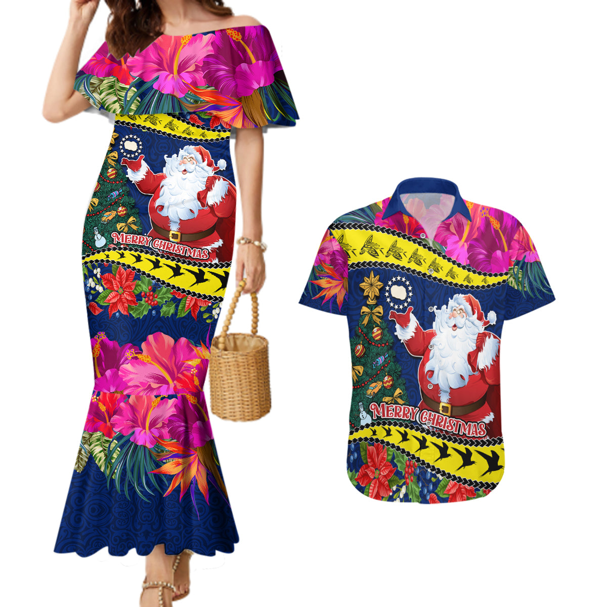 Cook Island Christmas Couples Matching Mermaid Dress and Hawaiian Shirt Santa Claus Mix Maroro and Kakaia Hibiscus Flower Maori Pattern LT03 Blue - Polynesian Pride