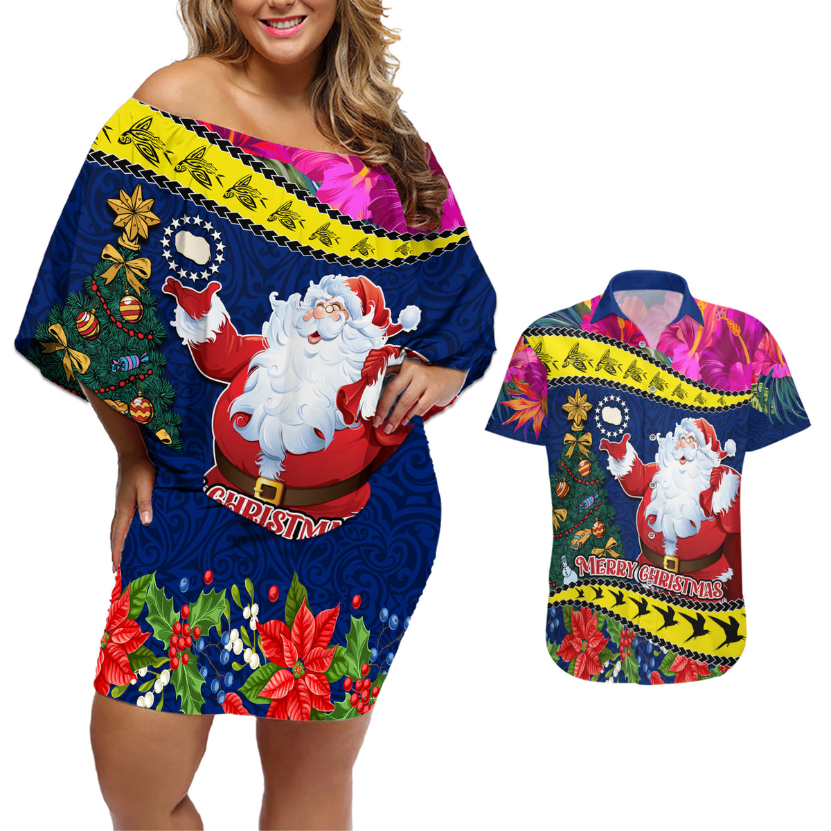 Cook Island Christmas Couples Matching Off Shoulder Short Dress and Hawaiian Shirt Santa Claus Mix Maroro and Kakaia Hibiscus Flower Maori Pattern LT03 Blue - Polynesian Pride