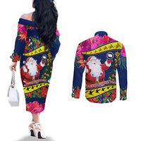 Cook Island Christmas Couples Matching Off The Shoulder Long Sleeve Dress and Long Sleeve Button Shirt Santa Claus Mix Maroro and Kakaia Hibiscus Flower Maori Pattern LT03 - Polynesian Pride