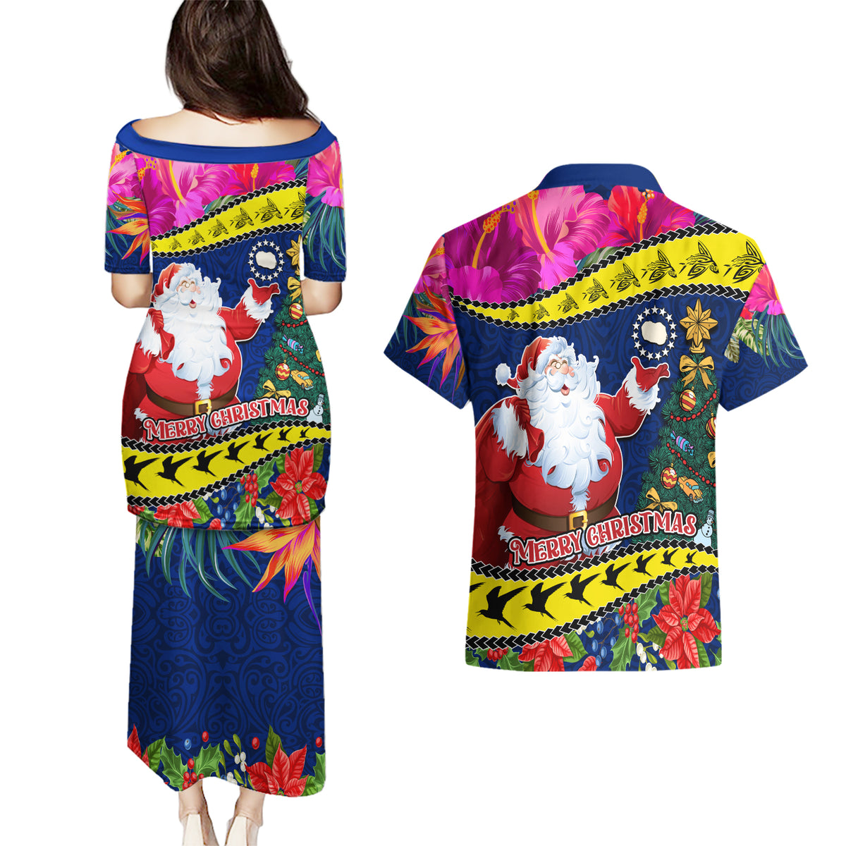 Cook Island Christmas Couples Matching Puletasi Dress and Hawaiian Shirt Santa Claus Mix Maroro and Kakaia Hibiscus Flower Maori Pattern LT03 - Polynesian Pride