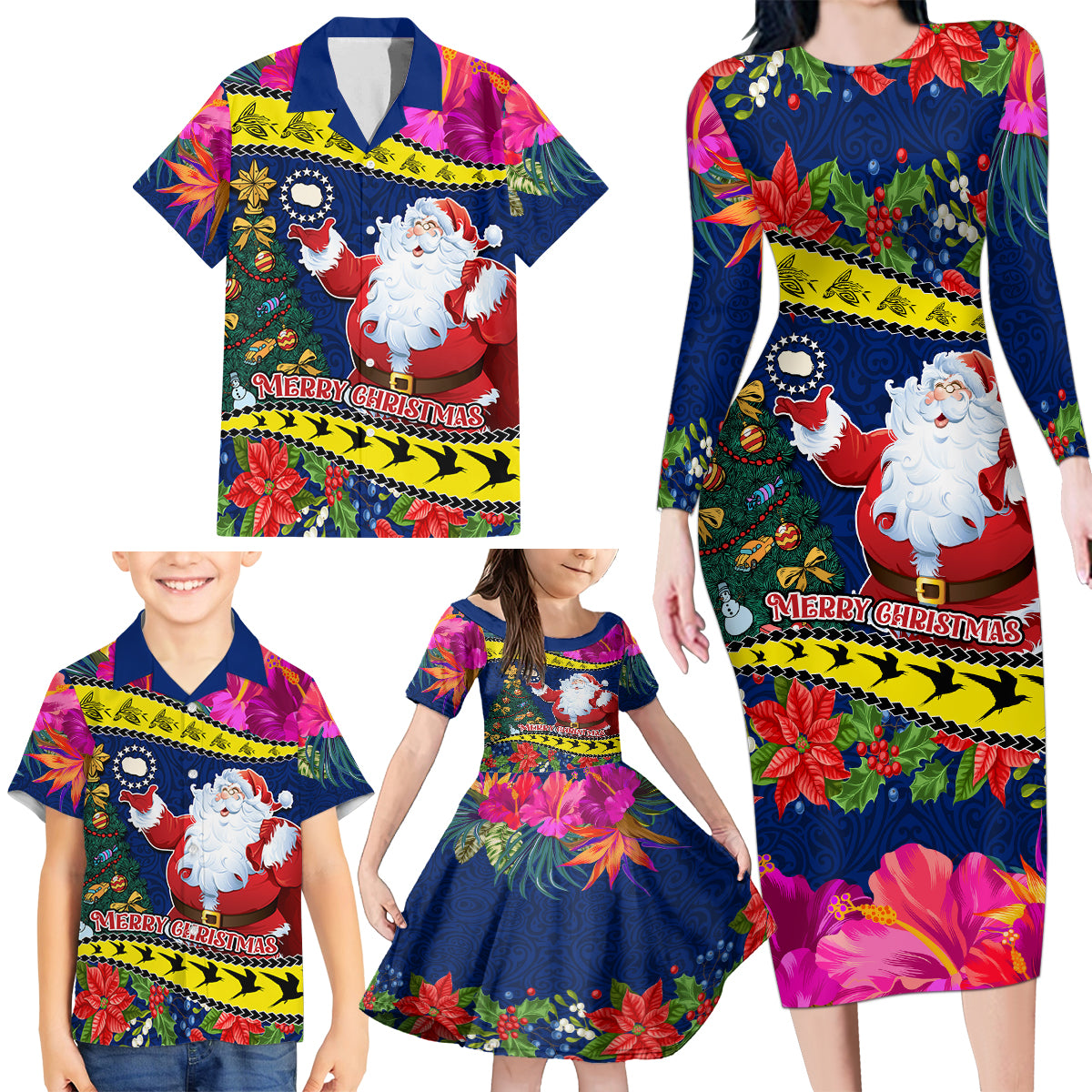 Cook Island Christmas Family Matching Long Sleeve Bodycon Dress and Hawaiian Shirt Santa Claus Mix Maroro and Kakaia Hibiscus Flower Maori Pattern LT03 - Polynesian Pride