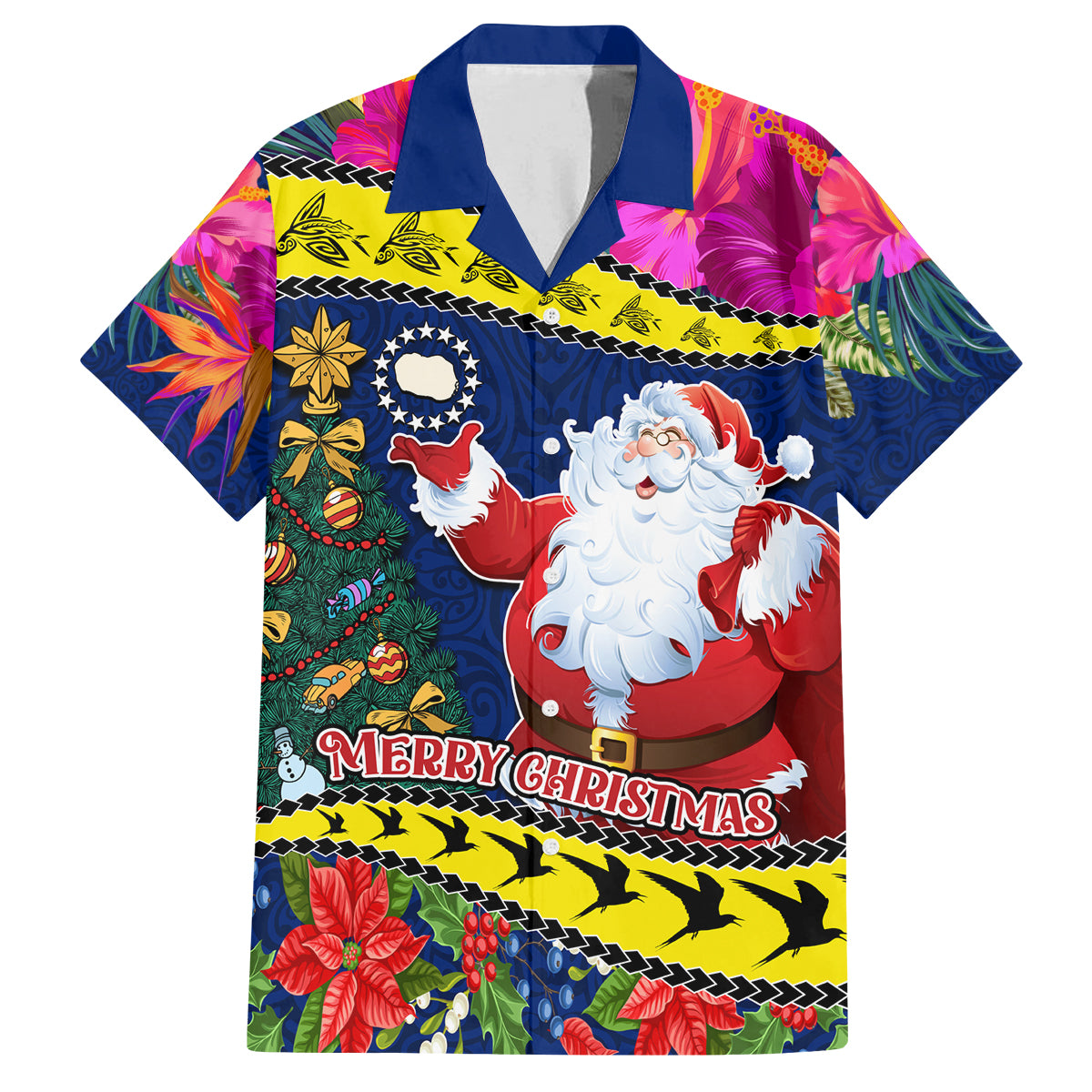 Cook Island Christmas Family Matching Long Sleeve Bodycon Dress and Hawaiian Shirt Santa Claus Mix Maroro and Kakaia Hibiscus Flower Maori Pattern LT03 Dad's Shirt - Short Sleeve Blue - Polynesian Pride