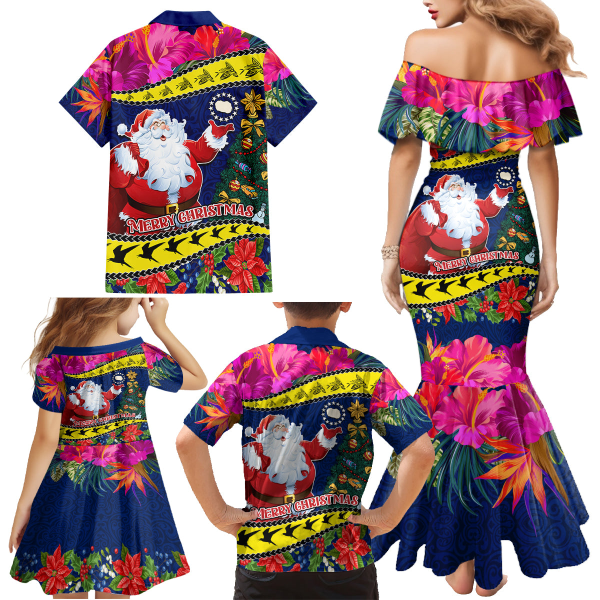 Cook Island Christmas Family Matching Mermaid Dress and Hawaiian Shirt Santa Claus Mix Maroro and Kakaia Hibiscus Flower Maori Pattern LT03 - Polynesian Pride