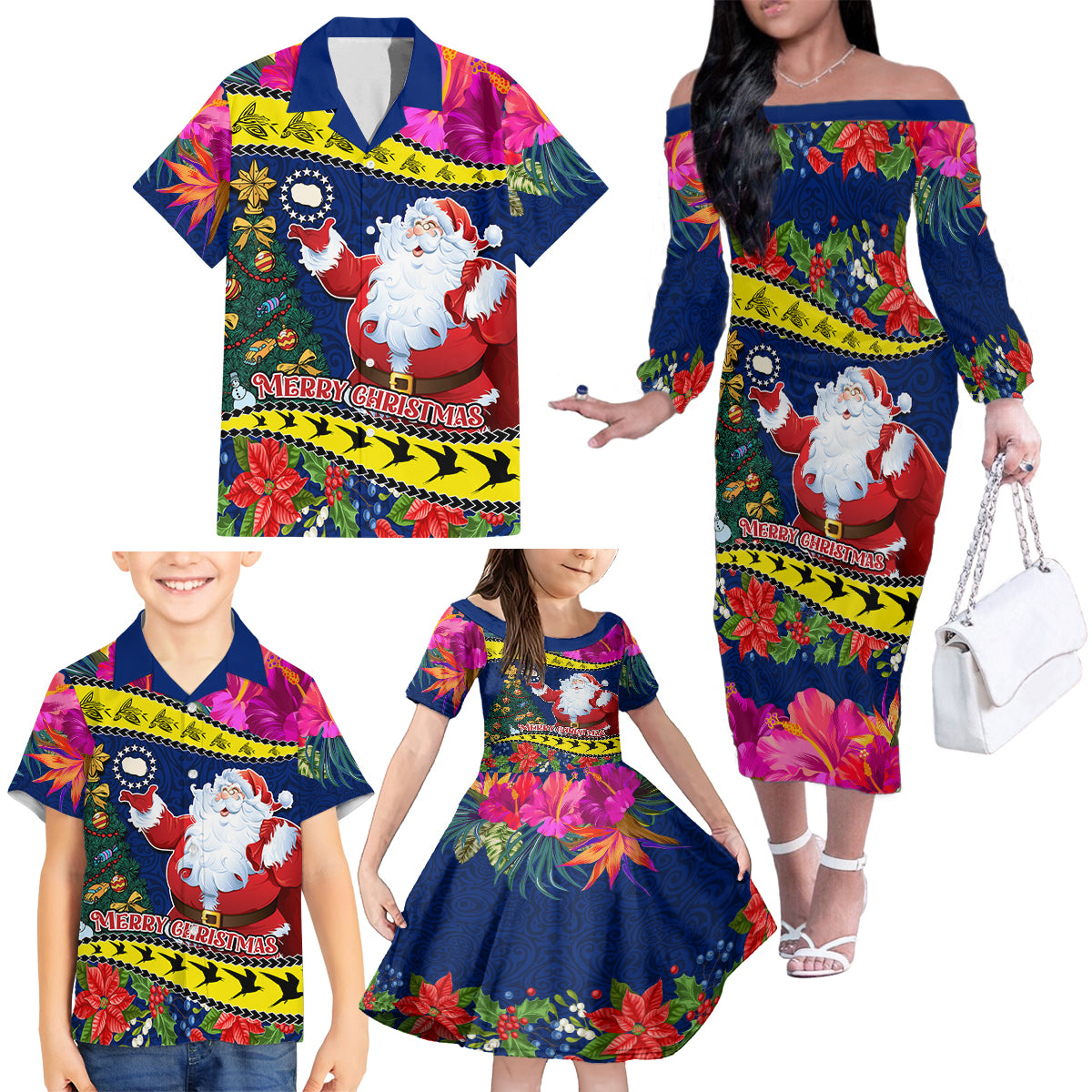 Cook Island Christmas Family Matching Off Shoulder Long Sleeve Dress and Hawaiian Shirt Santa Claus Mix Maroro and Kakaia Hibiscus Flower Maori Pattern LT03 - Polynesian Pride