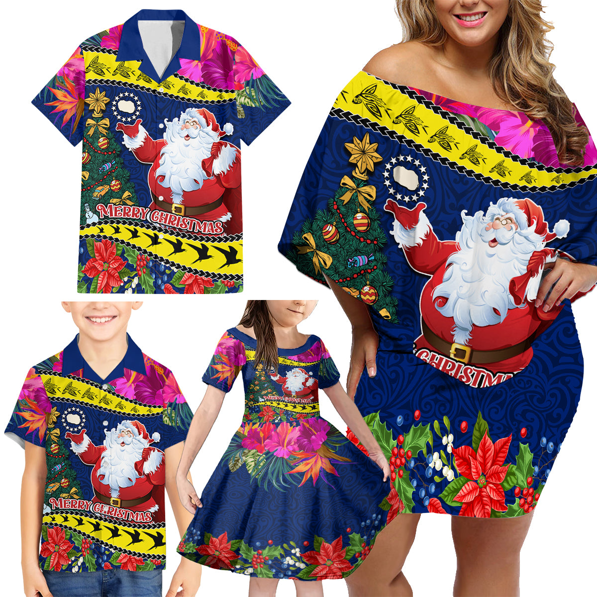 Cook Island Christmas Family Matching Off Shoulder Short Dress and Hawaiian Shirt Santa Claus Mix Maroro and Kakaia Hibiscus Flower Maori Pattern LT03 - Polynesian Pride