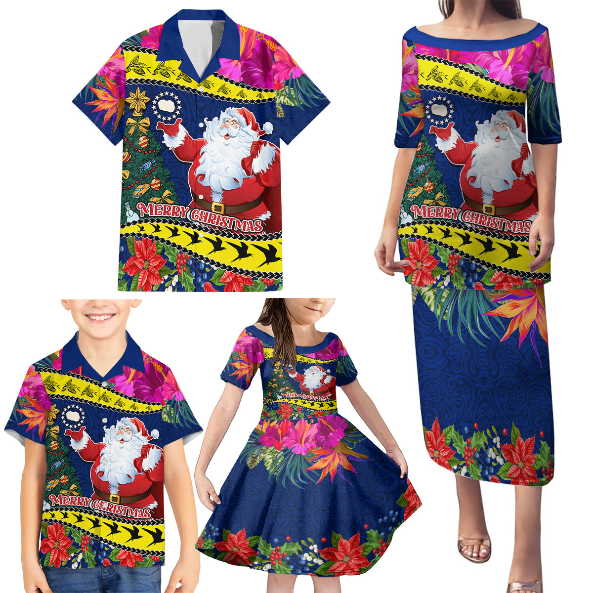 Cook Island Christmas Family Matching Puletasi Dress and Hawaiian Shirt Santa Claus Mix Maroro and Kakaia Hibiscus Flower Maori Pattern LT03 - Polynesian Pride