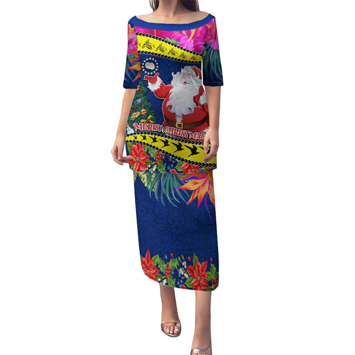 Cook Island Christmas Family Matching Puletasi Dress and Hawaiian Shirt Santa Claus Mix Maroro and Kakaia Hibiscus Flower Maori Pattern LT03 Mom's Dress Blue - Polynesian Pride