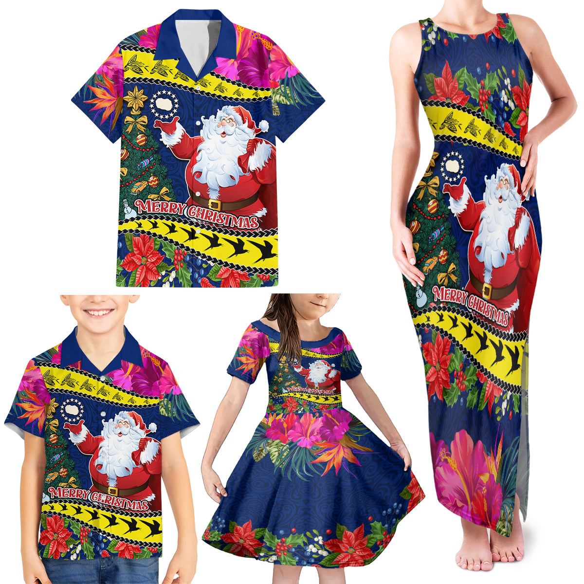 Cook Island Christmas Family Matching Tank Maxi Dress and Hawaiian Shirt Santa Claus Mix Maroro and Kakaia Hibiscus Flower Maori Pattern LT03 - Polynesian Pride